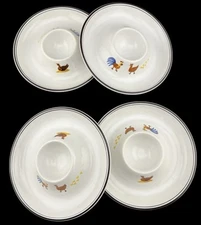 4 Villeroy & Boch Luxembourg EGG Cup Holders Dishes Chickens Naif Pattern 4.75”