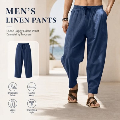 Men s Linen Pants Casual Loose Baggy Elastic Waist Drawstring Breathable Trouser