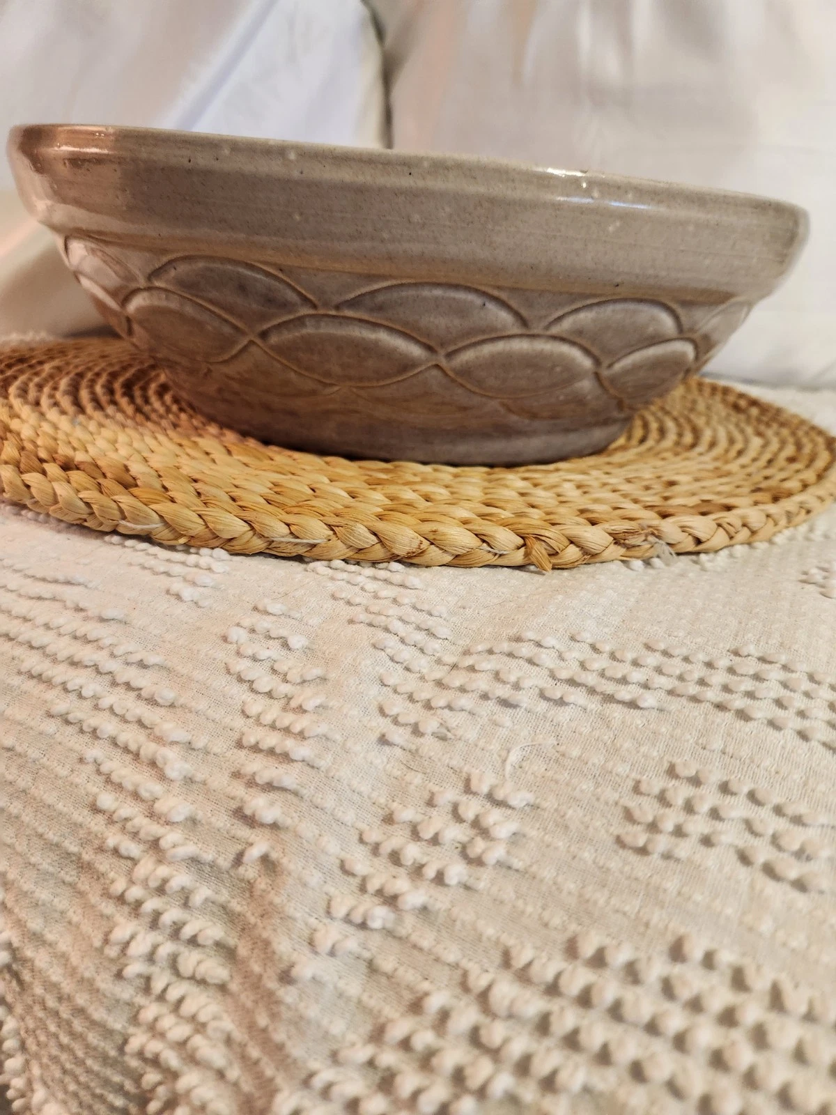 Large Marked Stoneware Bowl Or Deep Dish Pie Plate Fish Scale Like Pattern