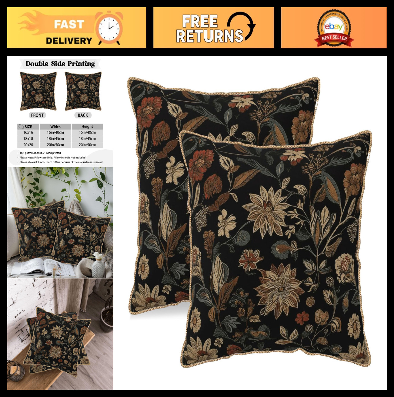 Vintage Floral Velvet Throw Pillow Covers Set of 2 - Boho Retro 18x18 Inch Decor