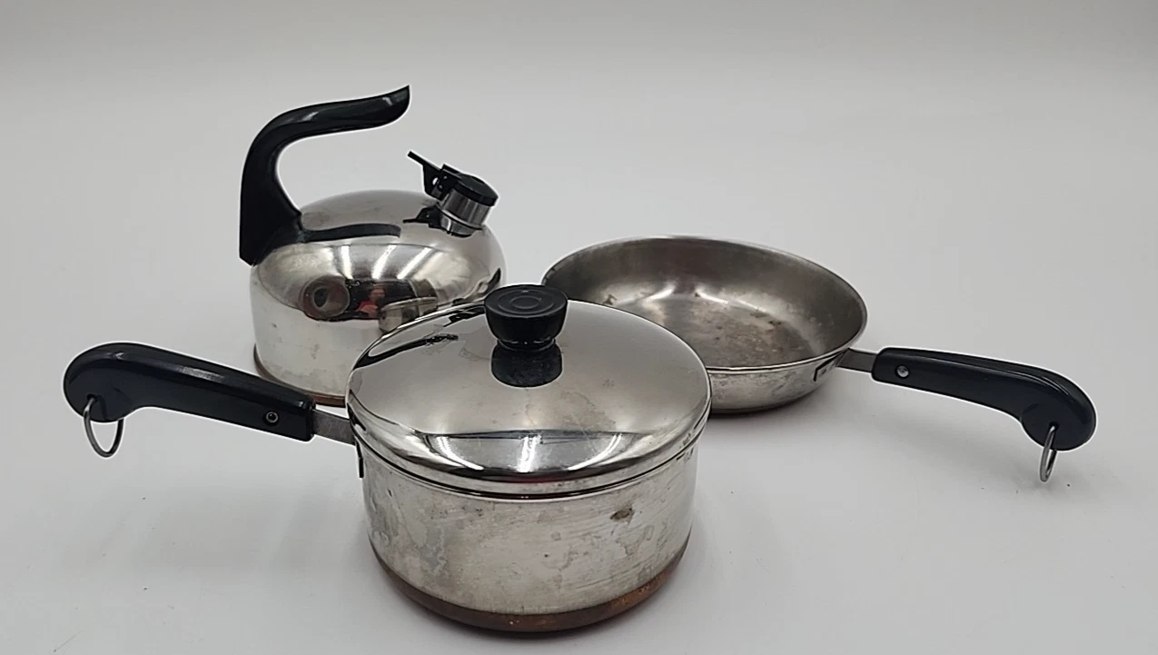 3 PC REVERE WARE COPPER CLAD MINI TEA KETTLE COFFEE POT FRY PAN COVERED SAUCE