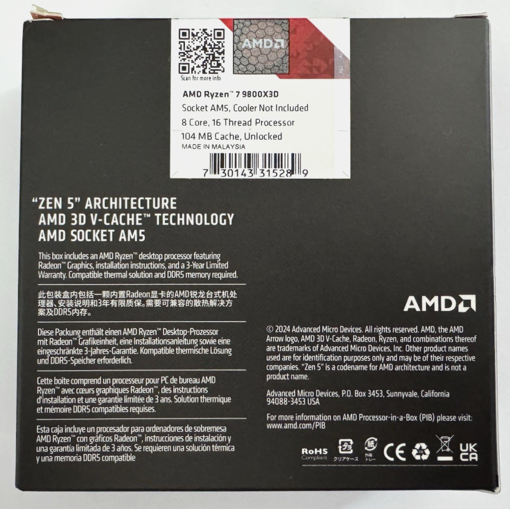 AMD 100-100001084WOF AMD RYZEN7 9800X3D 8CORE PROCESSOR RADEON