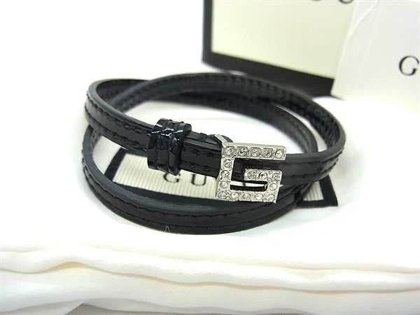 GUCCI Bracelet Cuir Verni Strass 2 Rangs Accessoires Femme Noir Fa4168