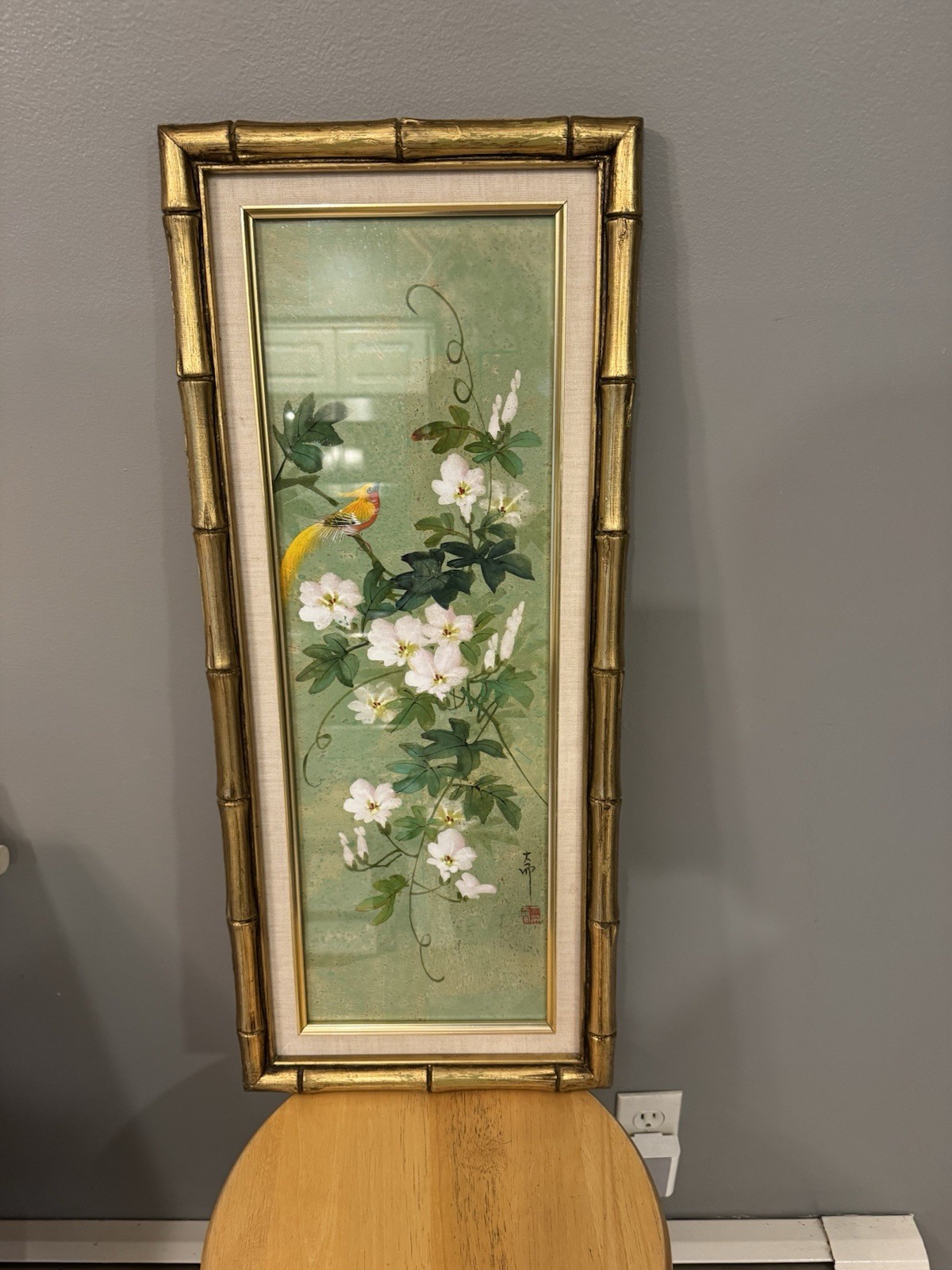 Traditional Hua-niao Chinese Bird and Flower Painting Gilded Faux Bamboo Frame