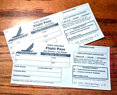 Two Vintage Piedmont Airlines Space Available Flight Pass