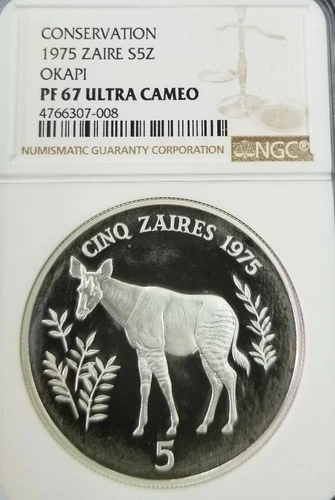 1975 ZAIRE SILVER 5 ZAIRES S5Z OKAPI CONSERVATION NGC PF 67 ULTRA CAMEO SCARCE