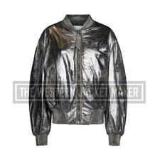 Metallic Bomber Jacket For Women, Gray Leather Jackets Womens, Get 30% Off