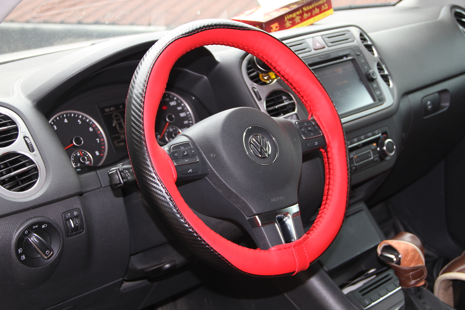 Stitch On Style Steering Wheel Skin Wrap Cover Red & Carbon Fiber