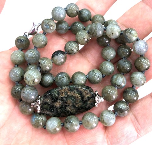Natural Labradorite Epidote Stone Gemstone Necklace + Ocean Stone Pendant - Picture 16 of 24
