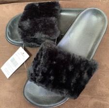 WOMENS SLIDES SIZE 7 BLACK FAUX FUR TRENDY SUMMER FUN