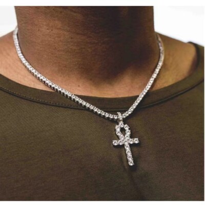 Necklace Cross Mens Men's Iced Ankh Cross Pendant & Rope Chain - Foto 9
