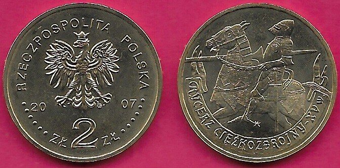 い POLAND 2 ZLOTE 2007 UNC 1 YEAR TYPE,MOUNTED KNIGHT 15th CENTURY