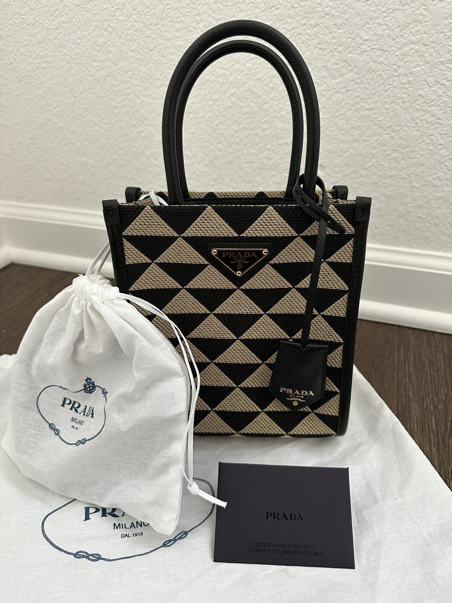 トートバッグ PRADA SYMBOLE EMBROIDERED MINI TOTE BAG NEW Prada Symbole embroidered fabric mini bag - black/beige