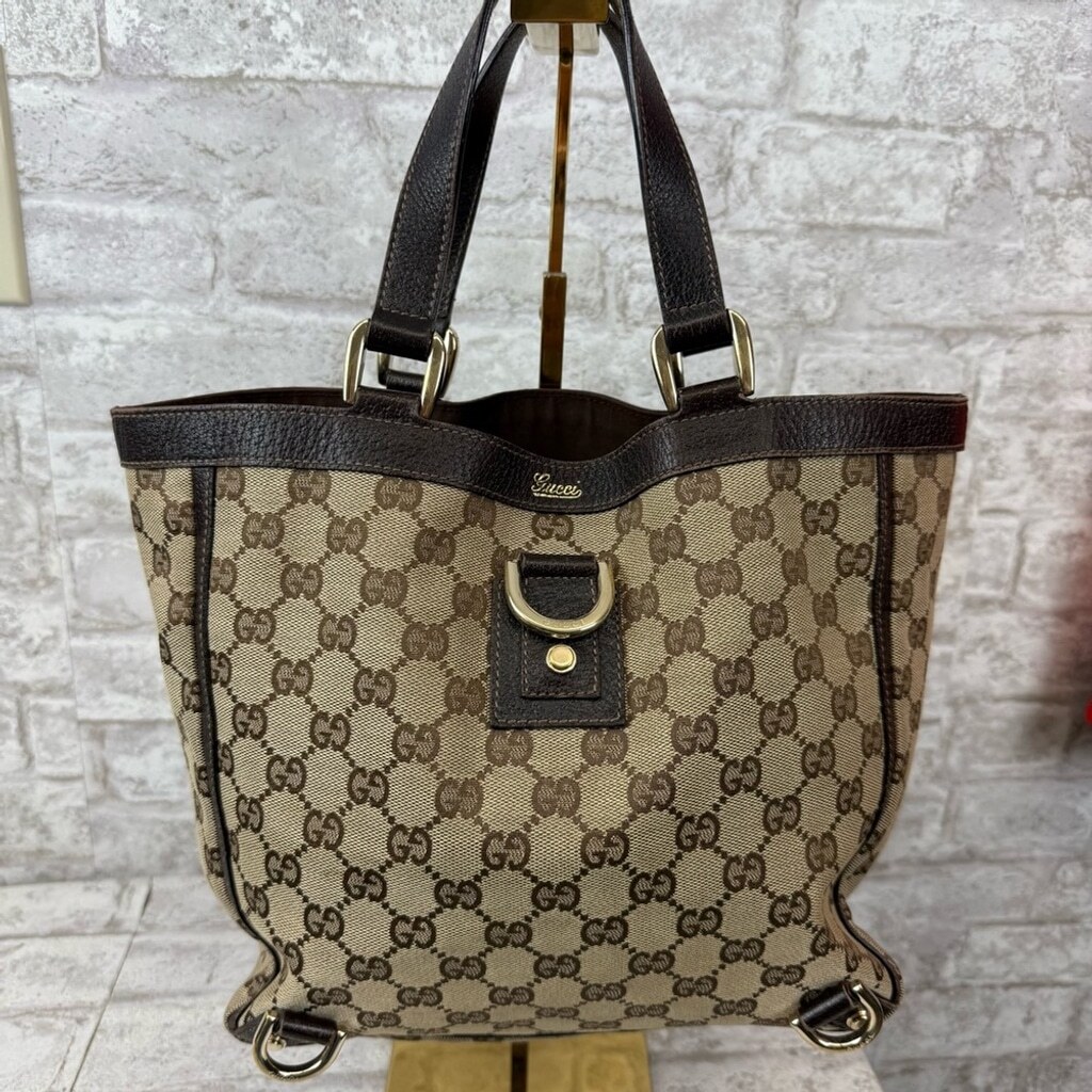 Gucci GG Canvas Abbey Tote Bag with Leather Straps in Brown Tan