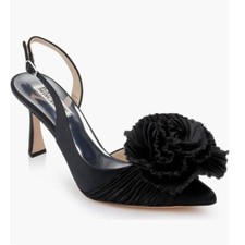 Badgley Mischka Blaire Pleated Satin Slingback Heels with Floral Detail Black 10