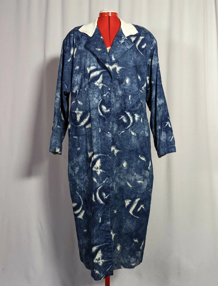 Chaqueta de trinchera vintage años 80 Indigo TieDye Ocean Wave Duster NOS Bis talla grande S Foto 3 de 4