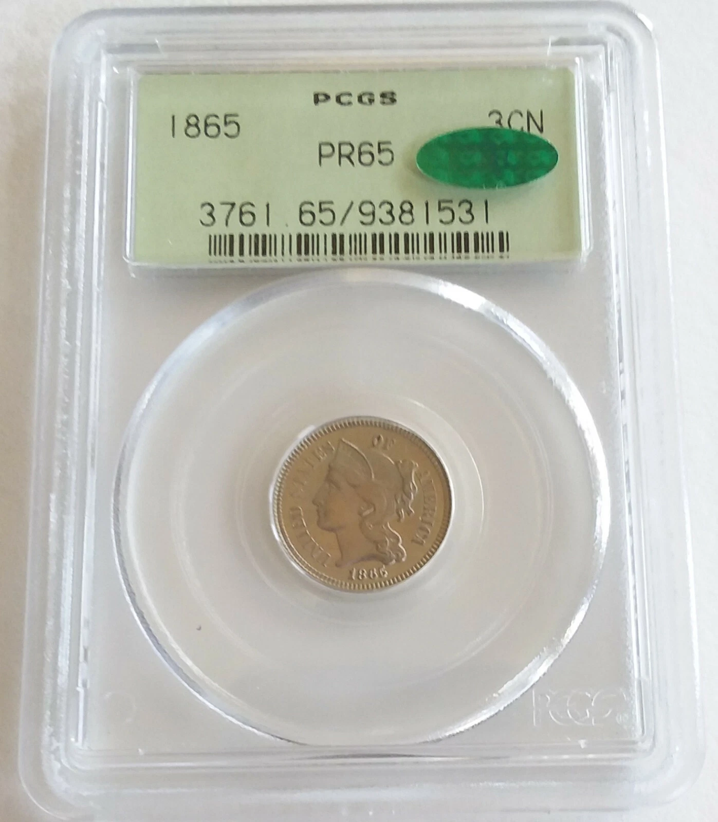 ✰ 1865 PROOF US 3 CENT NICKEL Coin PCGS PR65 CAC OGH Lovely KEY DATE 500 Minted✰
