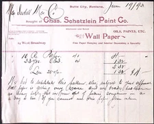 1895 Chas Schatzlein Paint Co Paints Oils Wall Paper Billhead BUTTE CITY MT