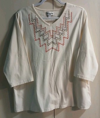 Breckenridge Top Women's Sz 1X Cream 3/4 Sleeve Embroidered Stretch Stud Detail 