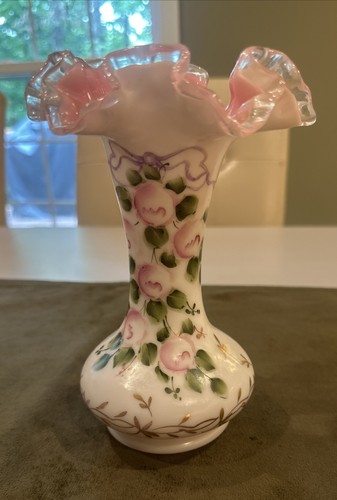 Fenton Peach Crest Ruffled Glass Vase Charleton Hand-Painted Floral Pink White