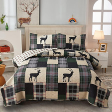 Lodge Bedspread Twin Size,3 Piece Rustic Cabin Quilt Set Black Deer Bedspreads C