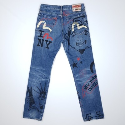 Evisu Jeans W30 L32 New York Yankee Print Limited Edition Straight Leg Unisex