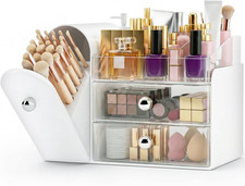Makeup Organizer Countertop with Brush Holder White Large Capacity Vanity
