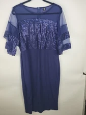 SHEIN Curve 2XL Navy Blue Sequin Mesh Sleeve Midi Dress Plus Size Cocktail Eveni