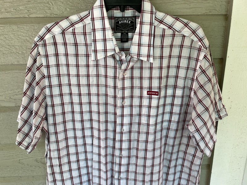 Avirex Shirt Mens 2XL White Maroon Blue Plaid Short Sleeve Button Front Casual