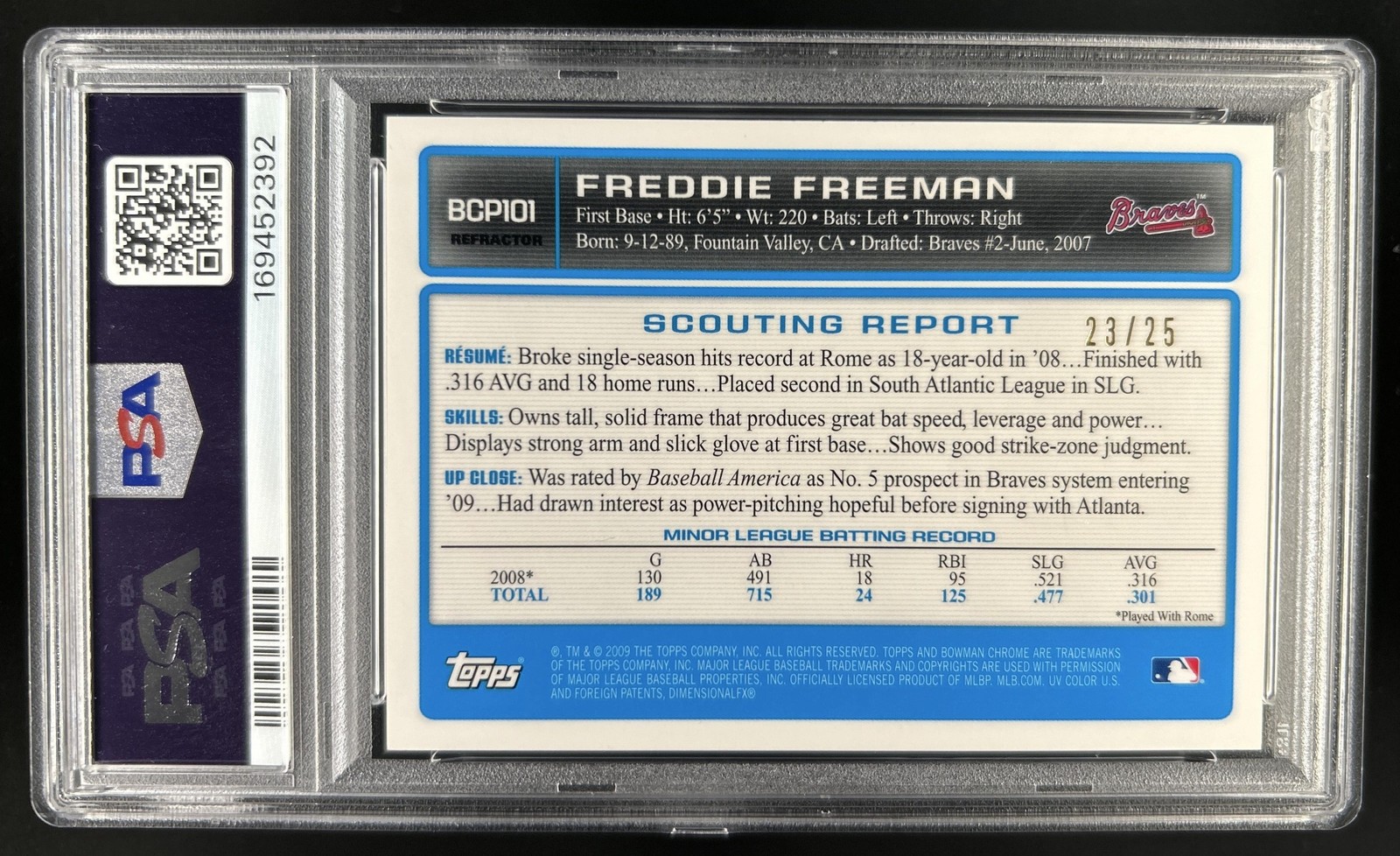2009 Bowman Chrome Freddie Freeman Prospects Orange Refractor Auto #/25 PSA 8 view 2