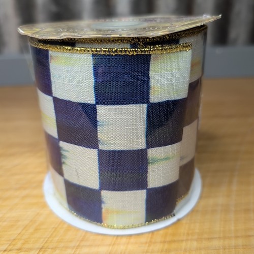 MacKenzie Childs Royal Check 4" x 10 yards Wired Edge Ribbon Lime Backing - Picture 2 of 6
