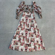 VTG 70s green pink patchwork floral garden party sheer puff sleeve prairie dress