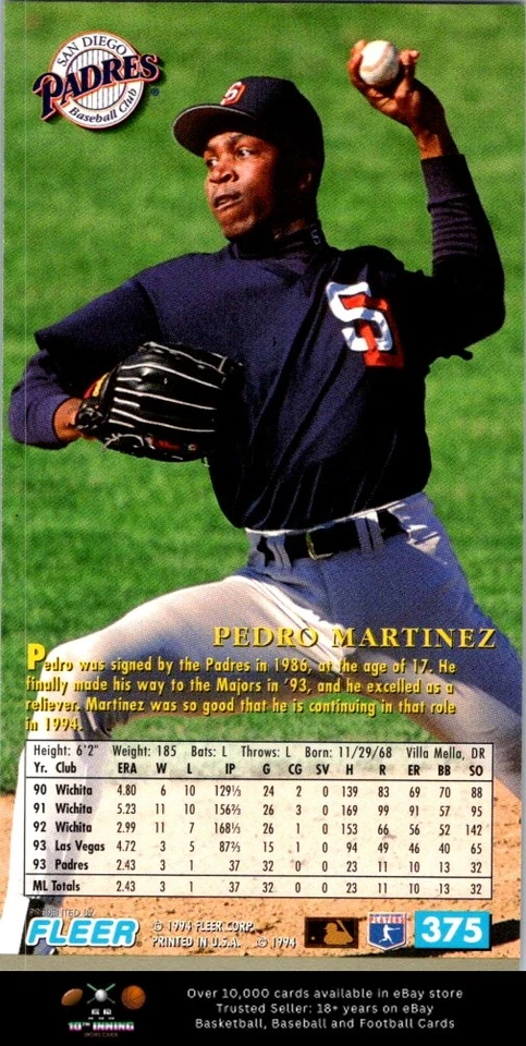 1994 Fleer Extra Bases BASEBALL #375 Pedro Martinez - Image 2 of 2