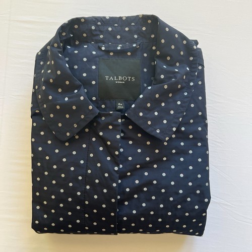 TALBOTS Navy Polka Dot Spring Rain Coat Pockets Hidden Button Placket Size 18W - Picture 10 of 11