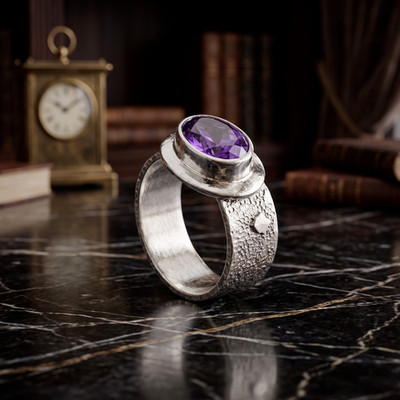 925 Sterling Silver Natural Amethyst Statement Ring, February birthstone
