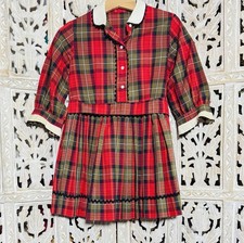 Vtg Girls SZ 6 Red Plaid Dress Cottagecore School White Ruffle Collar