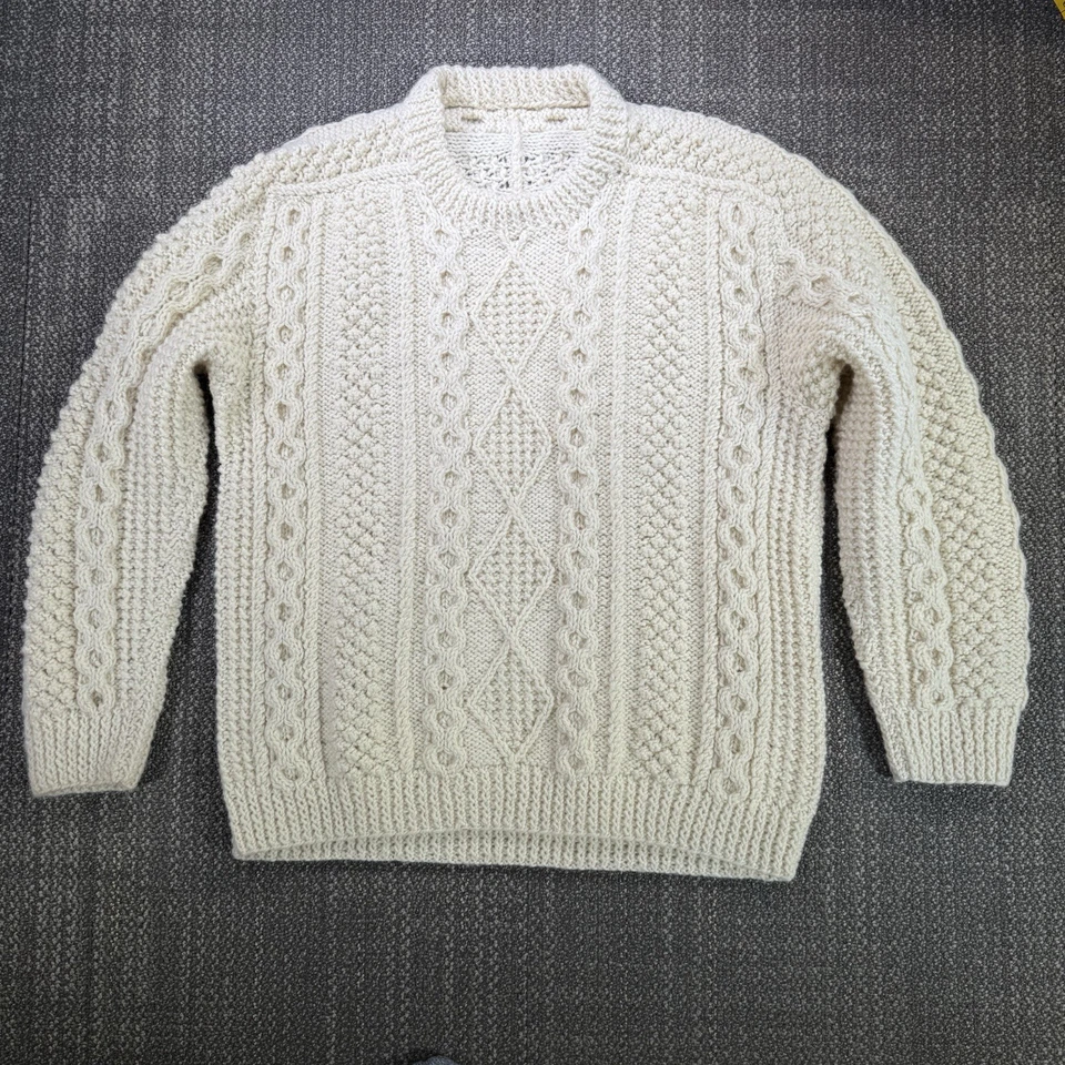 Suéter de Pescador de Lana Irlandés Aran Tejido a Mano de Colección Grueso Tejido con Cable Crema Pullover Foto 3 de 4