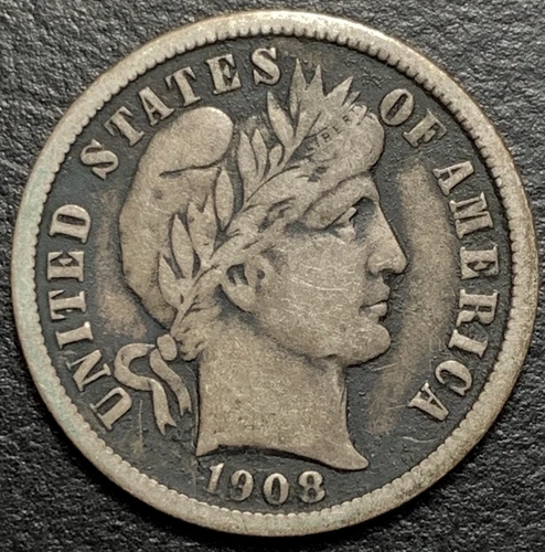 1908 D Barber Liberty Silver Dime 10c Denver Mint 90% VF US Type Coin