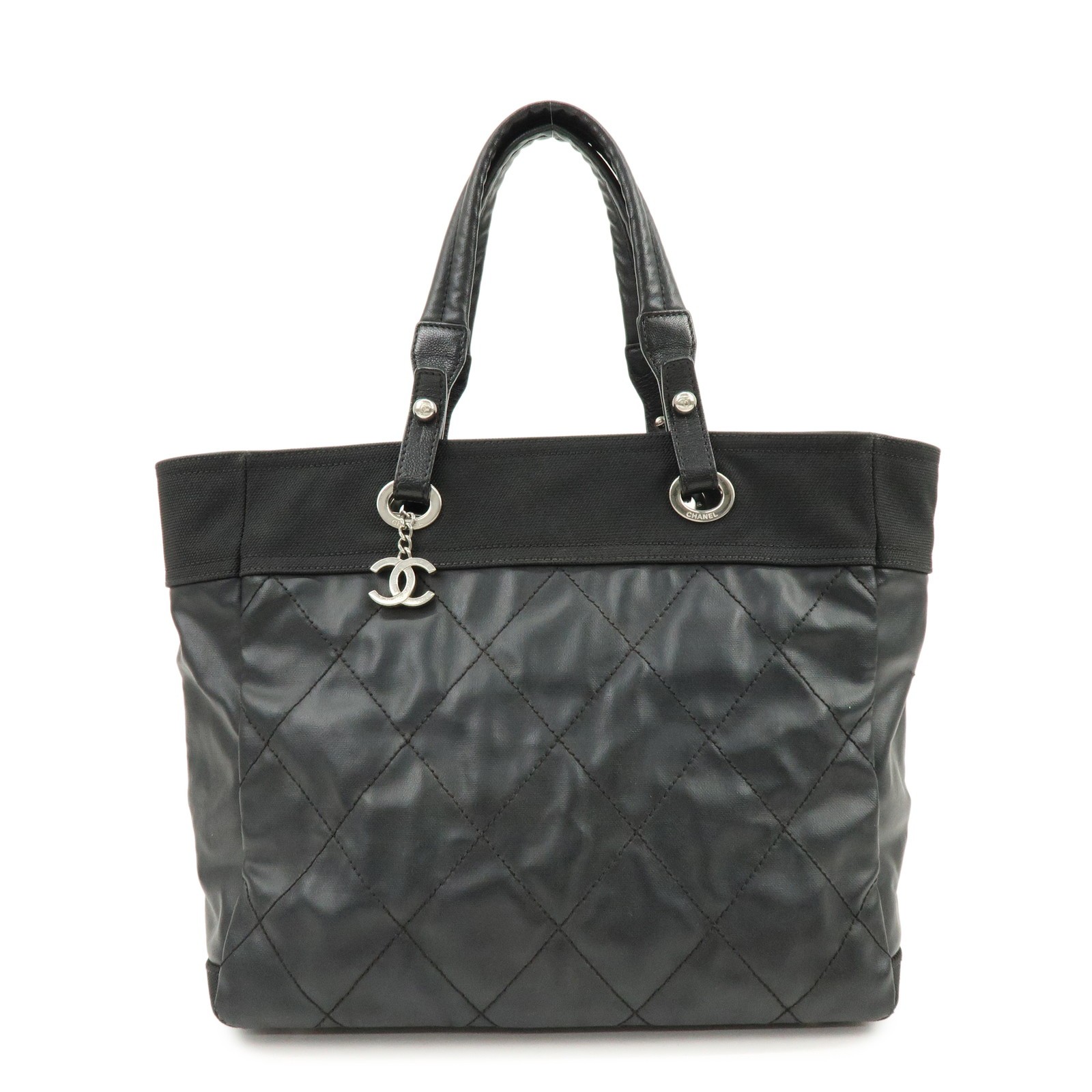 CHANEL PVC Canvas Leather Paris Biarritz MM Tote Hand Bag A34209 Auth Used F/S