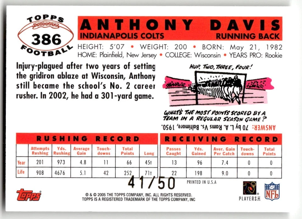 2005 Topps Anthony Davis 50th Anniversary Rookies #/50 Rookie #386 - Image 2 of 2