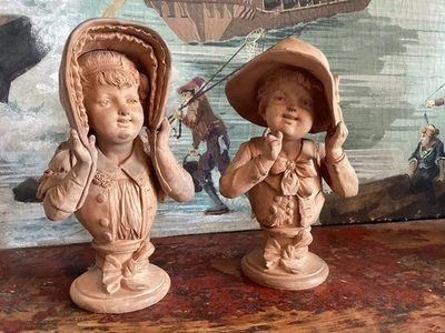 Paire de statuettes terre cuite Signée Pedro Ramon Jose Rigual 19 Eme Siècle - Photo 1/4