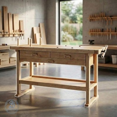 Workbench 60 in. 3-Drawer Hardwood Work Bench Wood Block Vise Anvil Pegs Storage