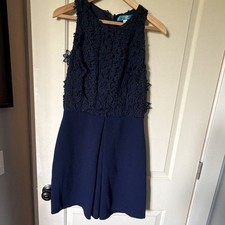 Buttons Women's L Blue Floral Lace Mini Dress Sleeveless Knee Length Zip