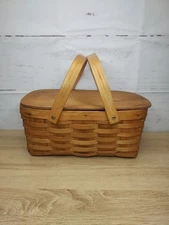 AS IS Wood Woven Lidded Picnic Gathering Basket with Handles Cottage Vtg