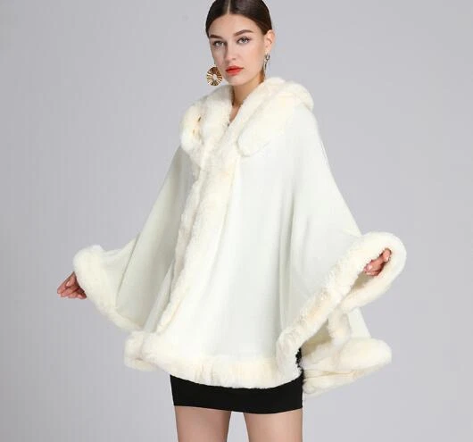 Wool Cashmere Ponchos Faux Fox Fur Trim Cape Cardigan Coat Hooded Loose Casual - Image 4 of 4