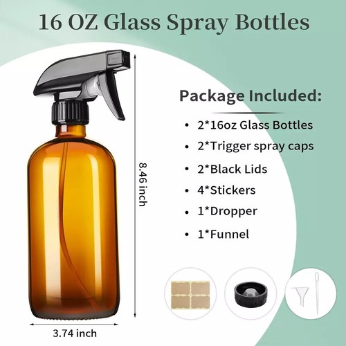 16Oz Amber Glass Spray Bottles,2 Pack Glass Spray Bottles Refillable Empty Bottl - Picture 9 of 9