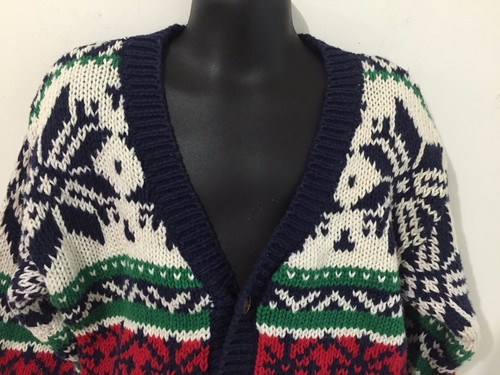 SKYR Cardigan Sweater Navy, White, Red & Green Nordic Snowflake Size L (6) - Picture 2 of 7