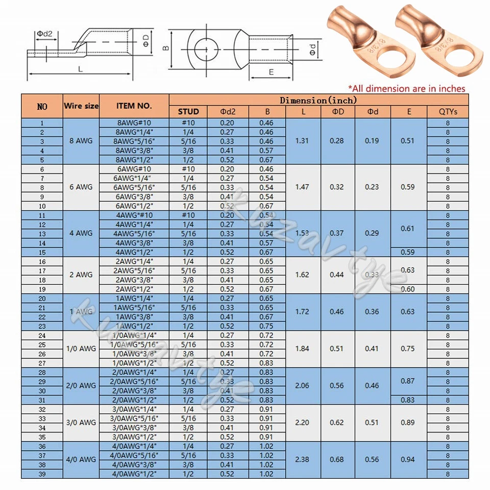 10/30Pc Battery 5/16" 3/8" Bare Copper Lug Ring Terminals Wire Welding Cable AWG - Image 2 of 4