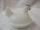 Vintage Milk Glass Hen Chicken sitting on Basket red comb