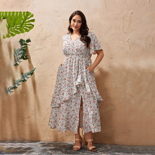 Plus Size Boho Women V-Neck Ruffle Floral Short Sleeve Midi Dress Party Dresses - Zdjęcie 7 z 22